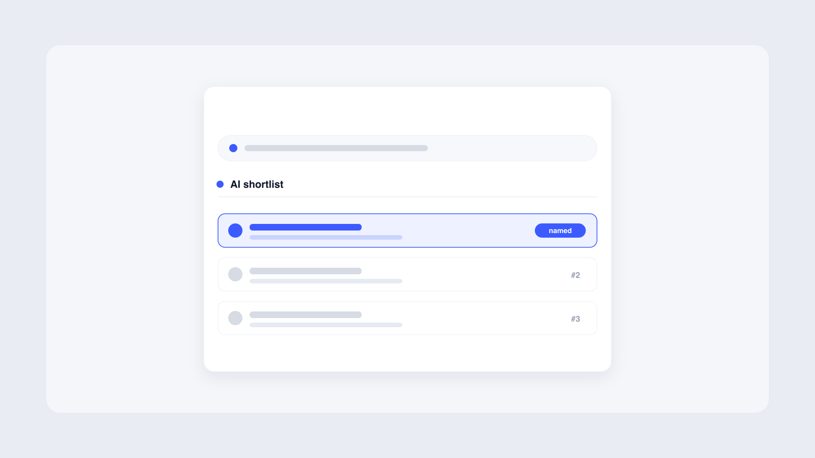 Flat vector illustration of an AI answer card recommending a shortlist of B2B software vendors, with the top-ranked vendor highlighted in brand blue.